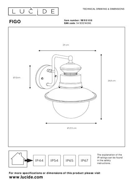 Lucide FIGO - Wandlamp Binnen/Buiten - Ø 21,5 cm - 1xE27 - IP44 - Zink - technisch